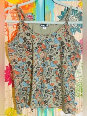 Jayli Floral Mushroom Print Spaghetti Strap Top